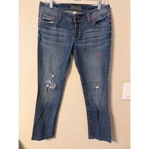 DECREE Womens Blue Denim Jeans Distressed Pink Stitch Detail Size 9